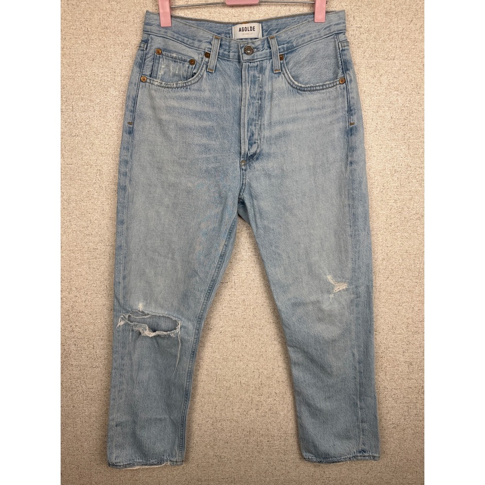AGOLDE Riley High Rise Straight Crop Jean Womens 27 Light Wash Ripped Button Fly